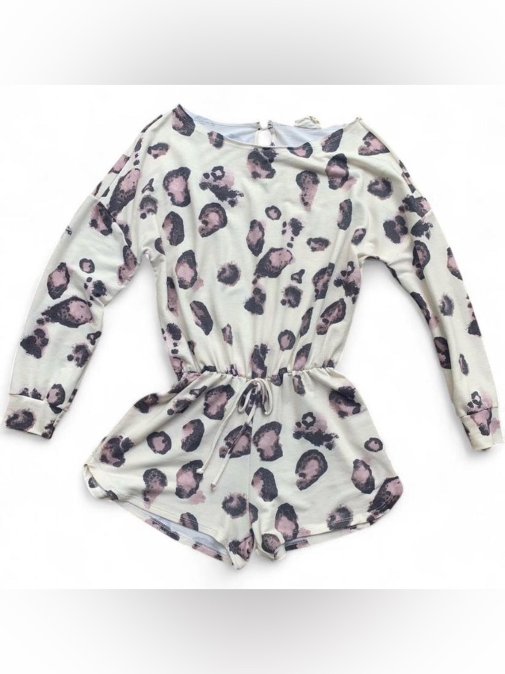 Soft Girl Loungewear Beige and Brown Leopard Print Romper with Long Sleeves